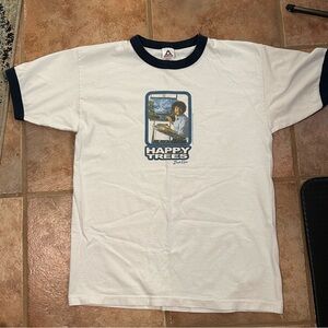 Vintage Bob Ross Happy Trees TShirt White Blue Ringer Large Art Artist UNISEX